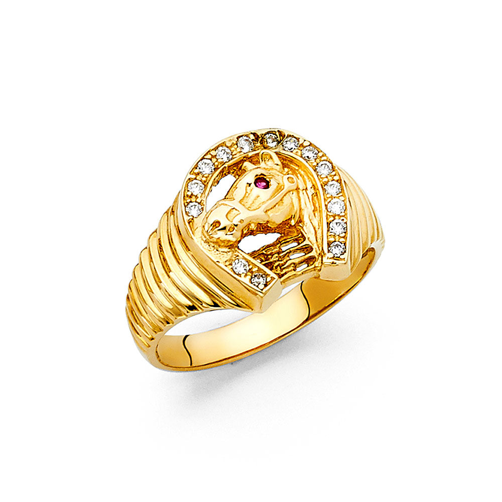 14K Yellow Gold CZ Lucky Horseshoe Mens Ring