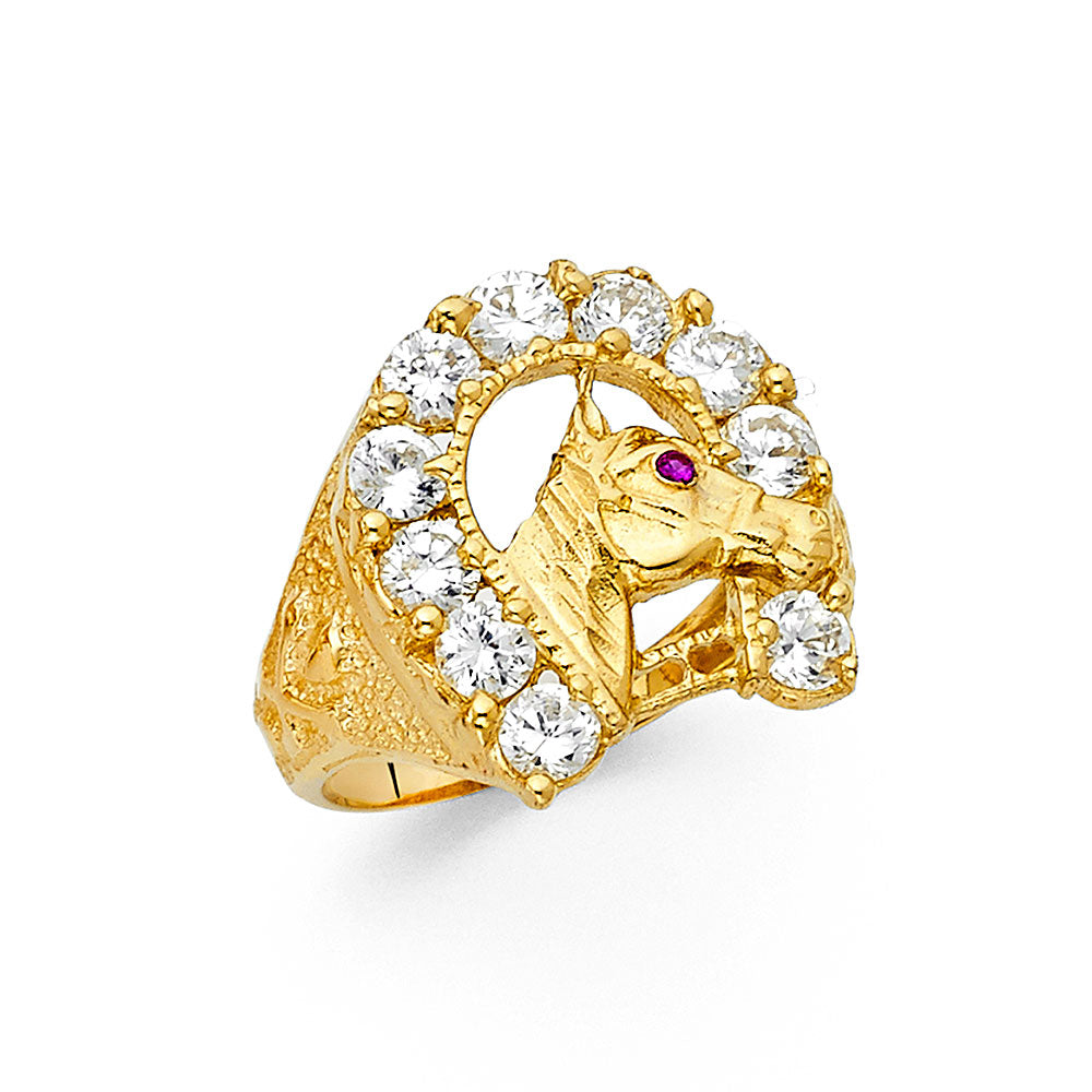 14K Yellow Gold CZ Lucky Horseshoe Mens Ring