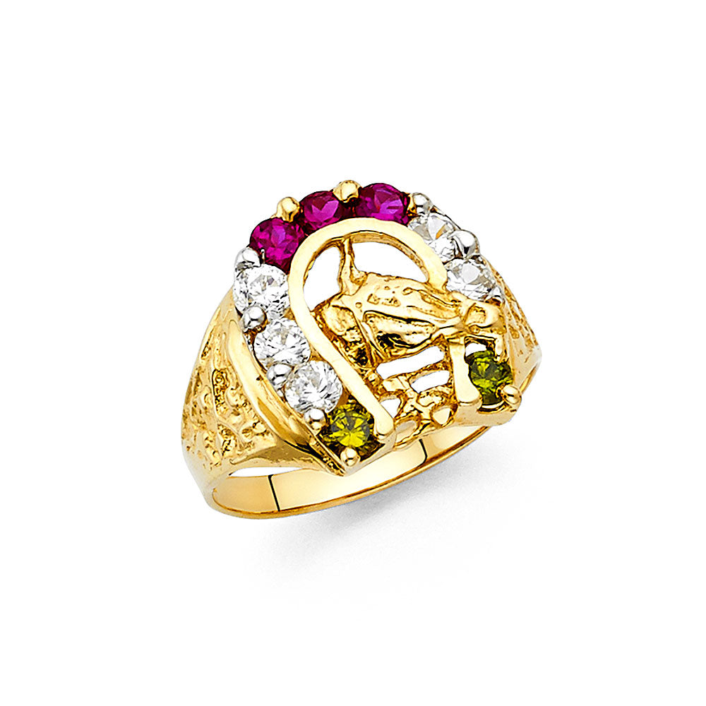 14K Yellow Gold CZ Lucky Horseshoe Mens Ring