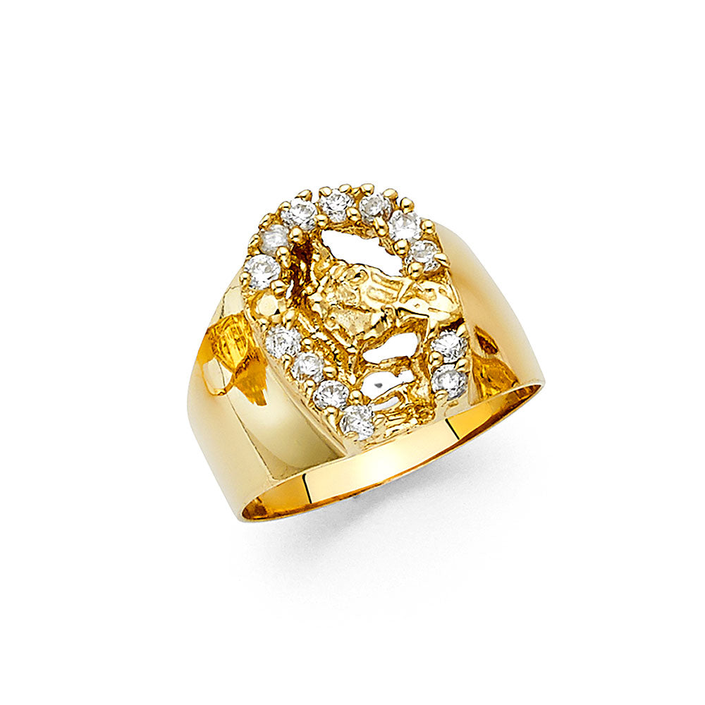 14K Yellow Gold CZ Lucky Horseshoe Mens Ring