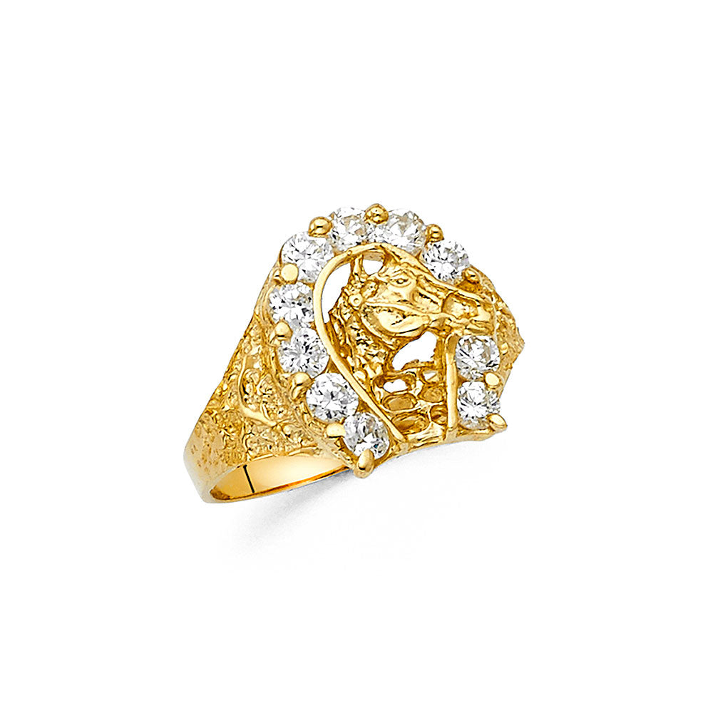 14K Yellow Gold CZ Lucky Horseshoe Mens Ring
