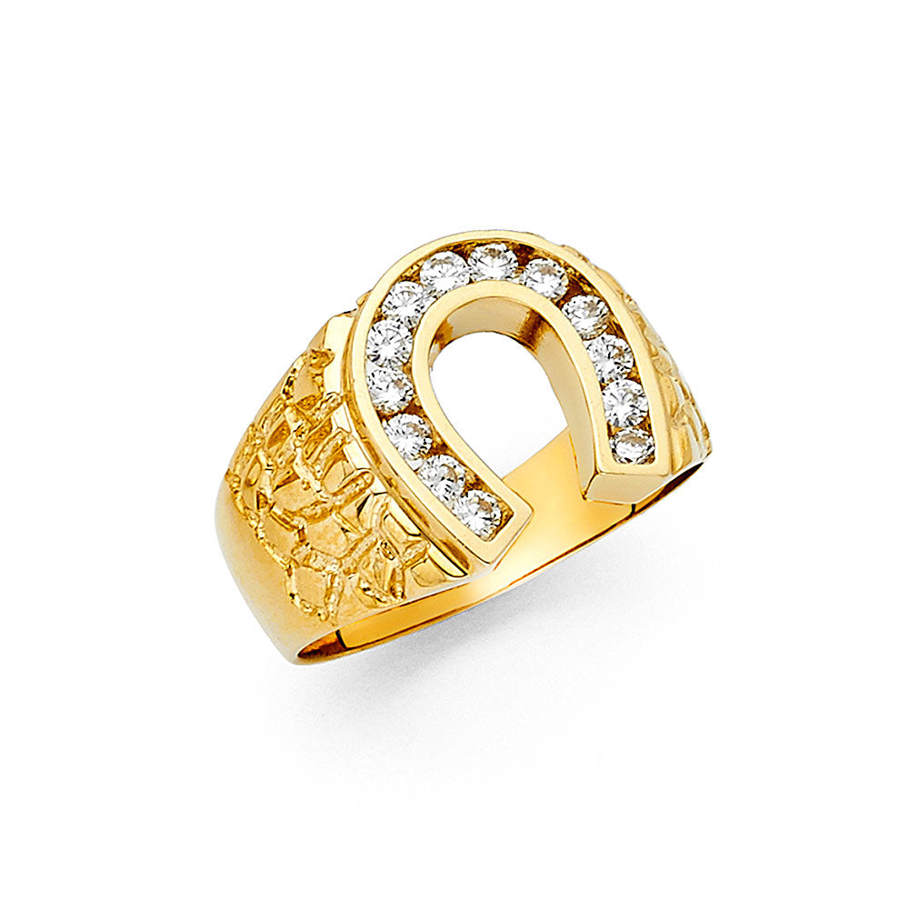 14K Yellow Gold CZ Lucky Horseshoe Mens Ring