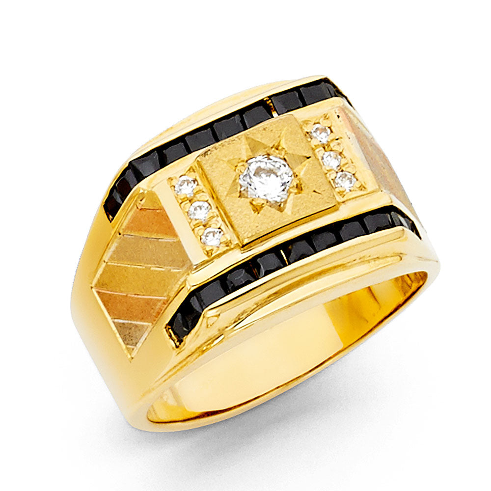14K Yellow Gold CZ Mens Ring W/Sapphire