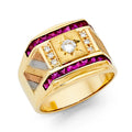 14K Yellow Gold CZ Mens Ring W/Ruby