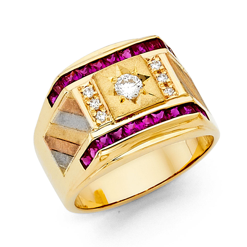 14K Yellow Gold CZ Mens Ring W/Ruby