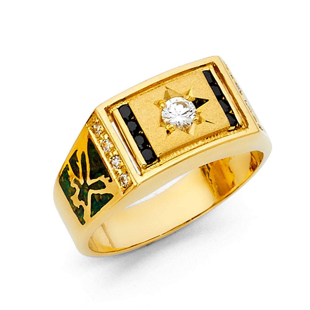 14K Yellow Gold CZ Mens Ring W/Sapphire