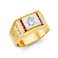 14K Yellow Gold CZ Mens Ring W/Ruby