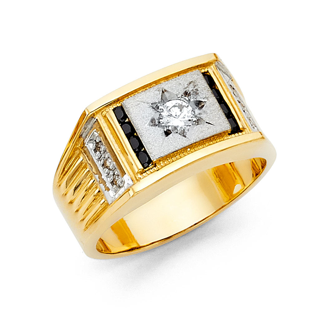 14K Yellow Gold CZ Mens Ring W/Sapphire