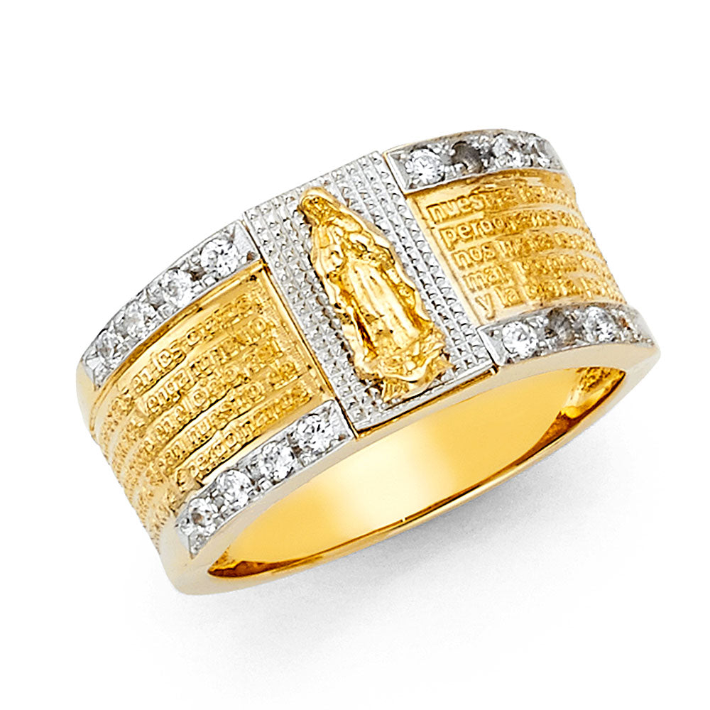 14K Two Tone Gold CZ Religious Mens Ring
