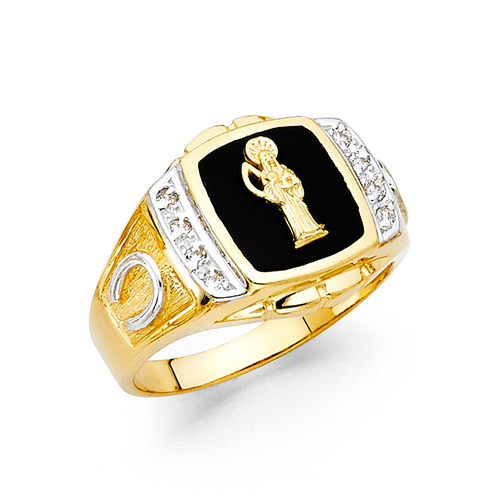 14K Yellow Gold Onyx Santa Morte Mens Ring