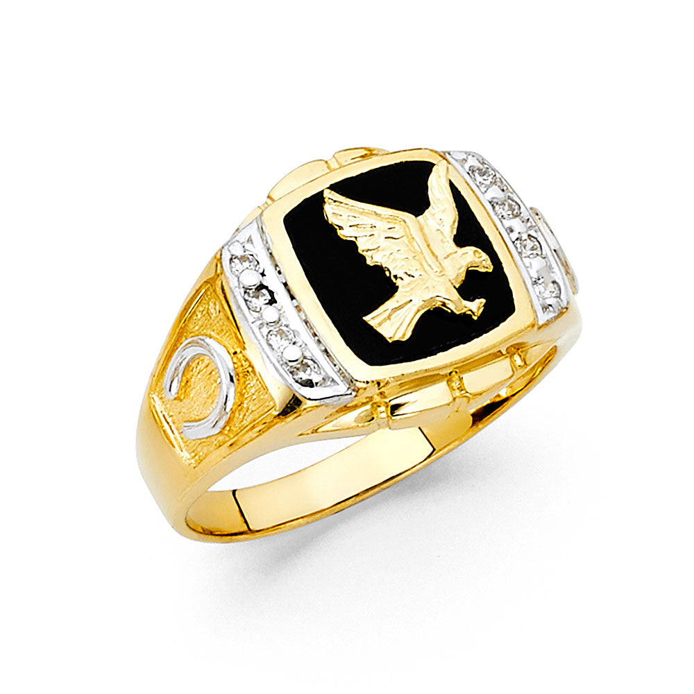 14K Yellow Gold Onyx Eagle Mens Ring