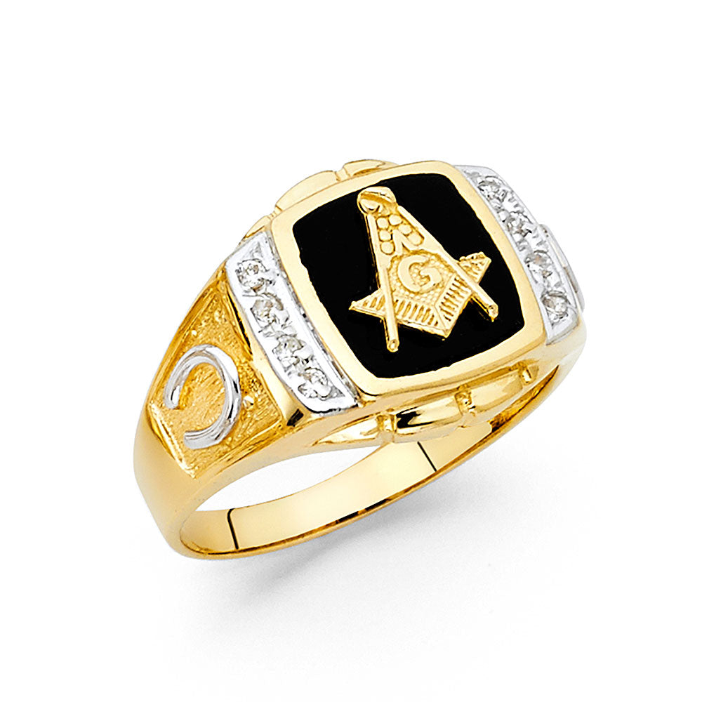 14K Yellow Gold Onyx Masonic Mens Ring