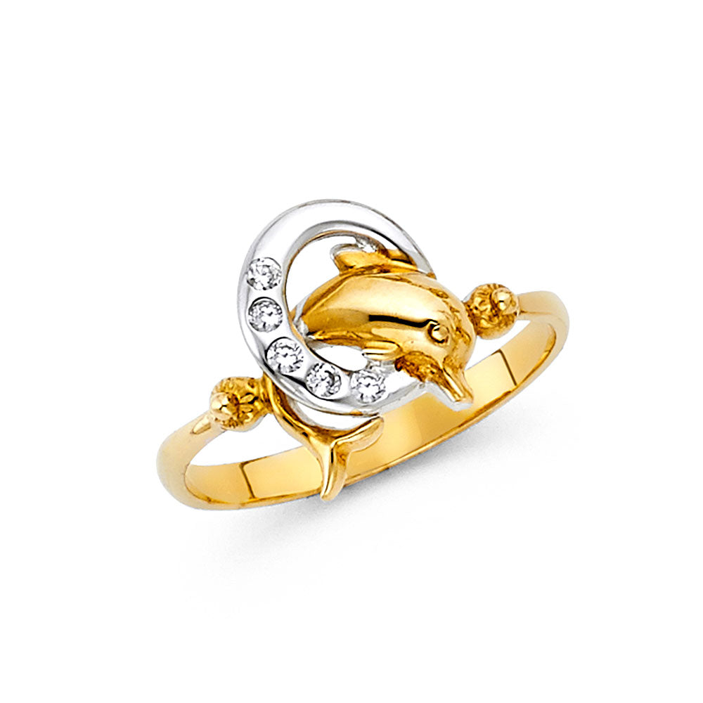 14K Yellow White Rose Gold CZ Fancy Dolphin Ring