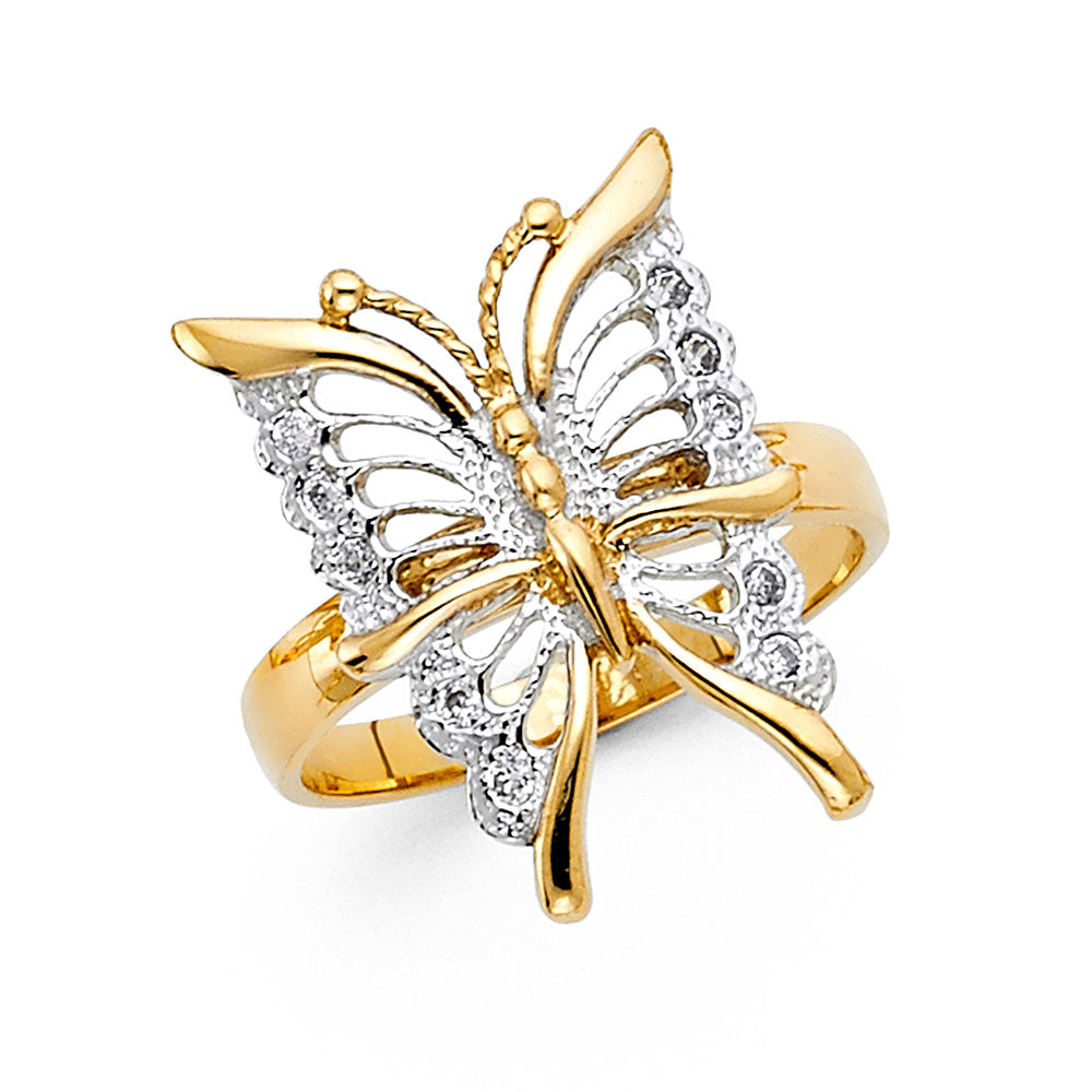 14K Two Tone Gold CZ Fancy Butterfly Ring