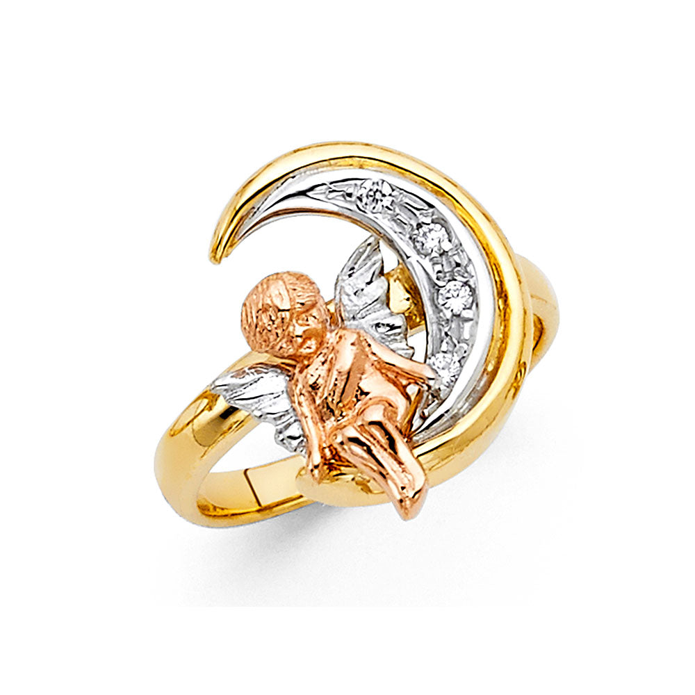 14K Yellow White Rose Gold CZ Angel & Moon Ring