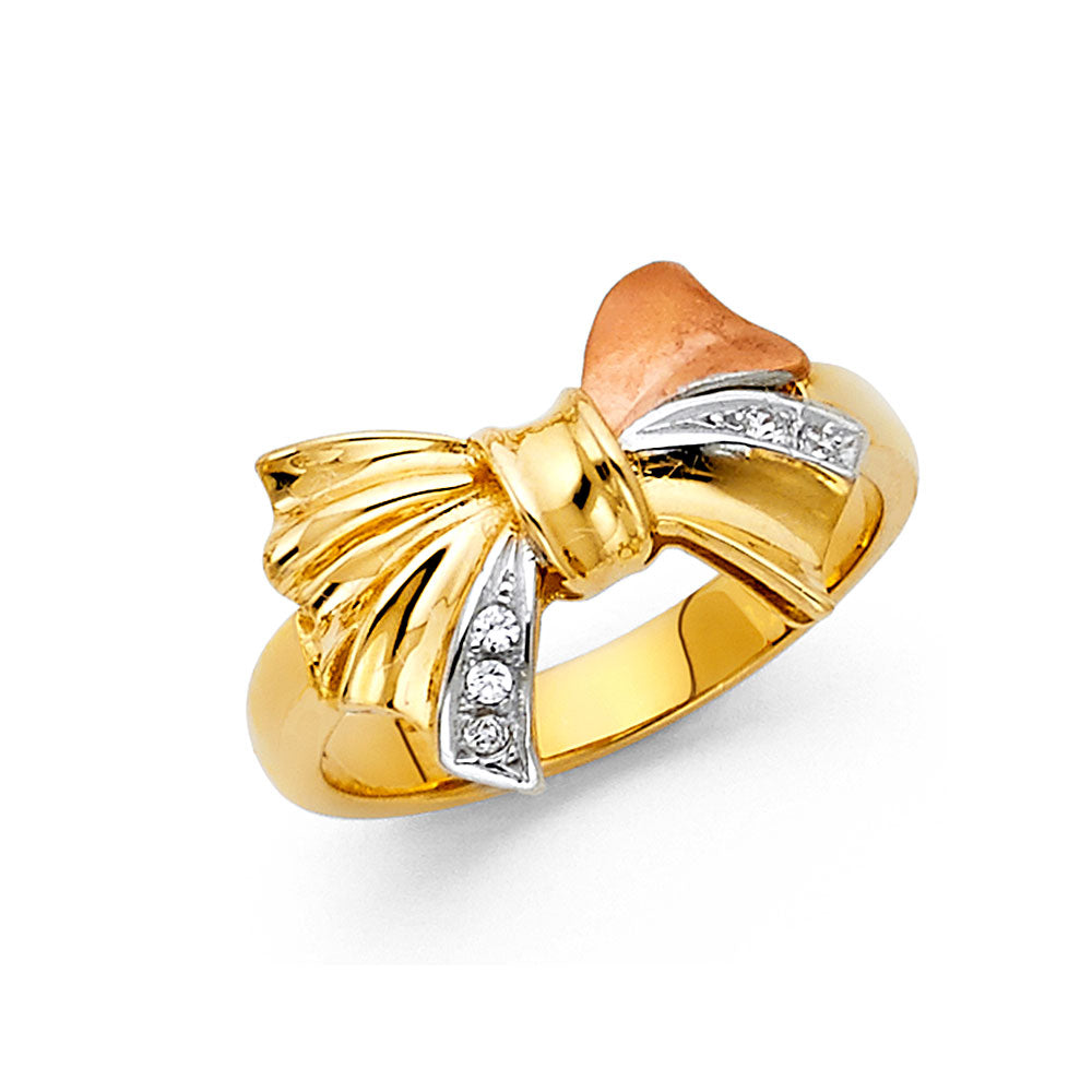 14K Yellow White Rose Gold CZ Ribbon Ring