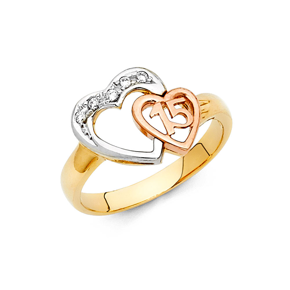 14K Yellow White Rose Gold CZ 15 Years Ring