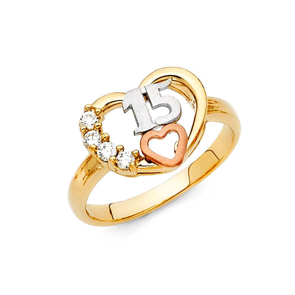 14K Yellow White Rose Gold CZ 15 Years Ring