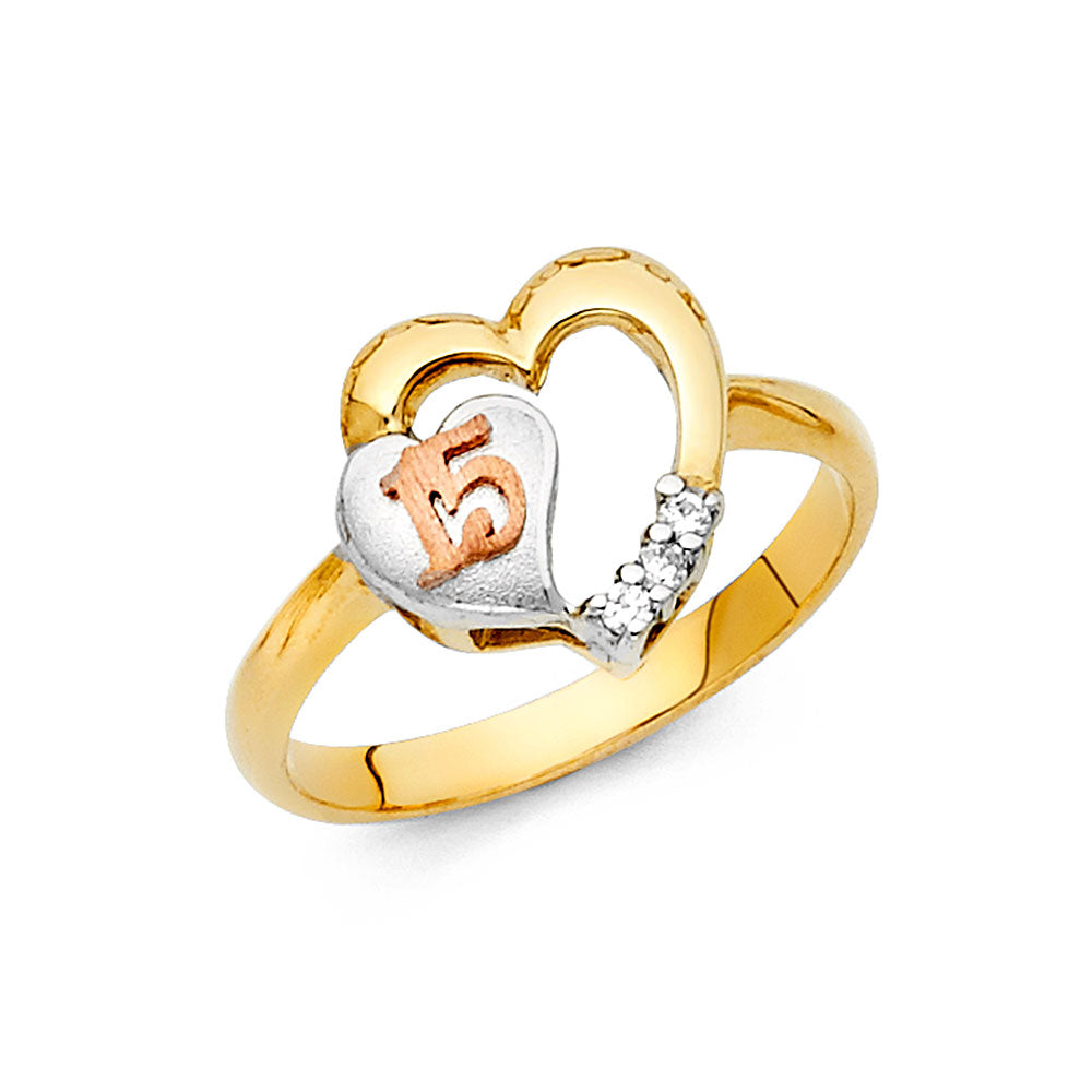 14K Yellow White Rose Gold CZ 15 Years Ring