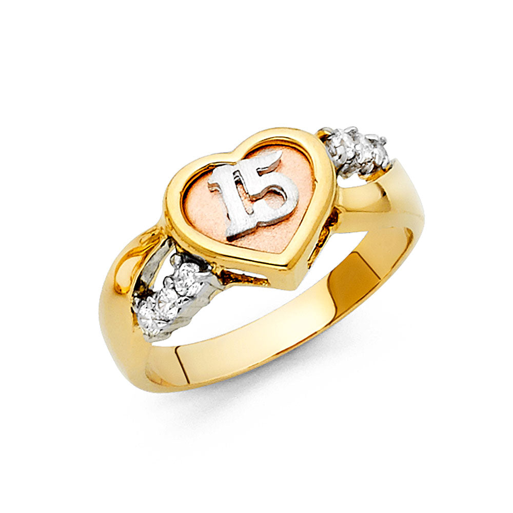 14K Yellow White Rose Gold CZ 15 Years Ring