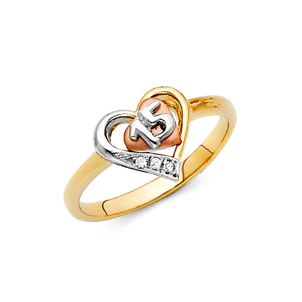 14K Yellow White Rose Gold CZ 15 Years Ring