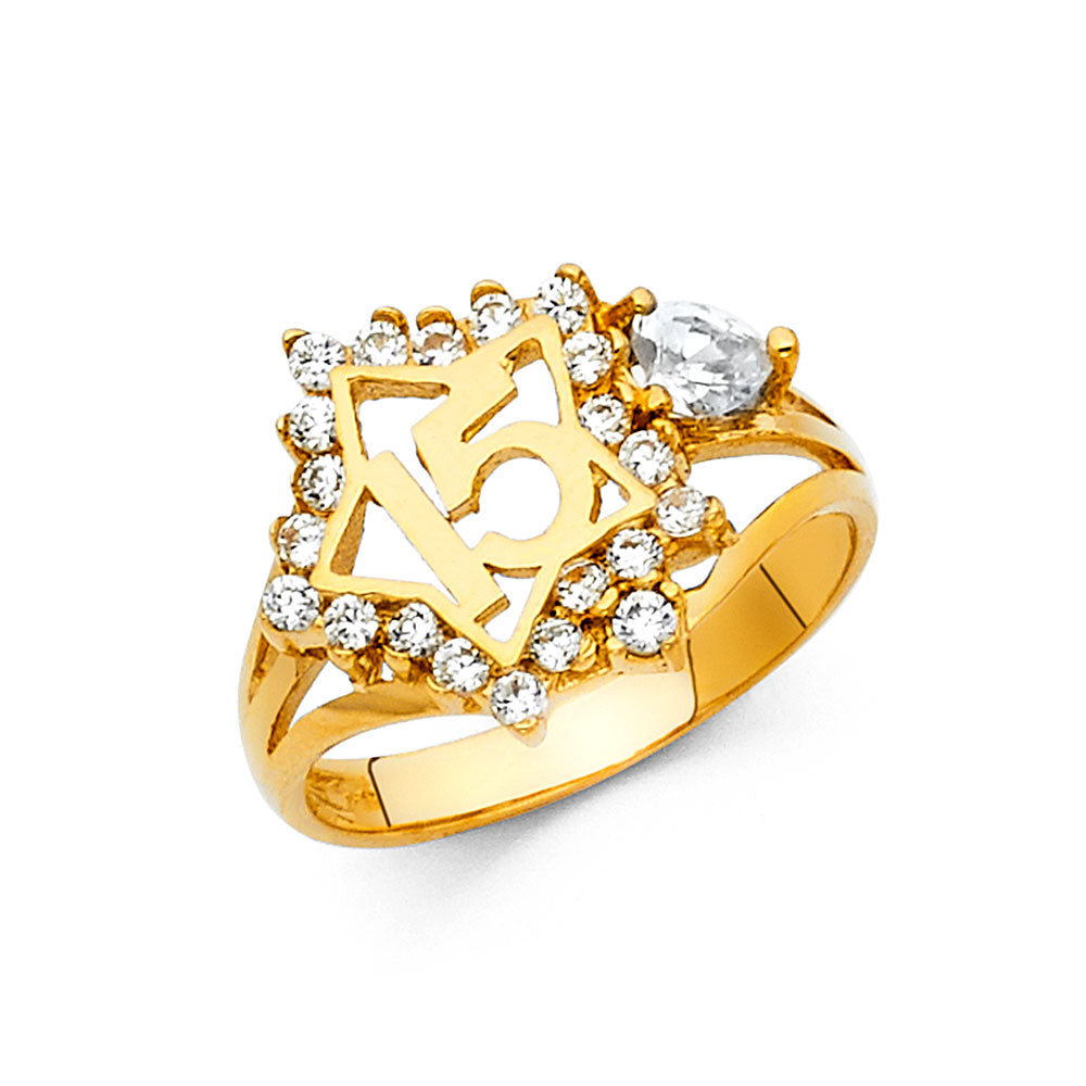 14K Yellow Gold CZ 15 Years Ring