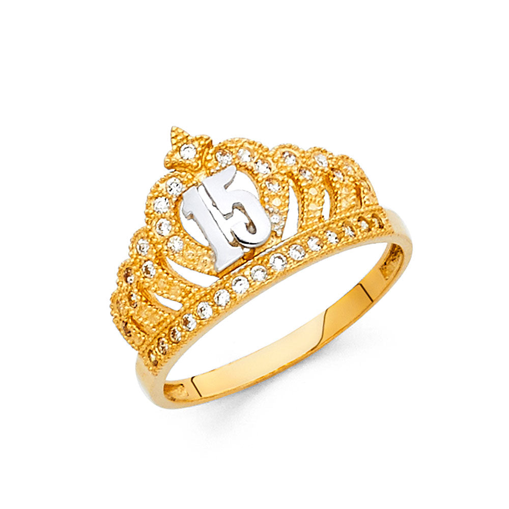 14K Two Tone Gold 15 Years CZ Crown Ring