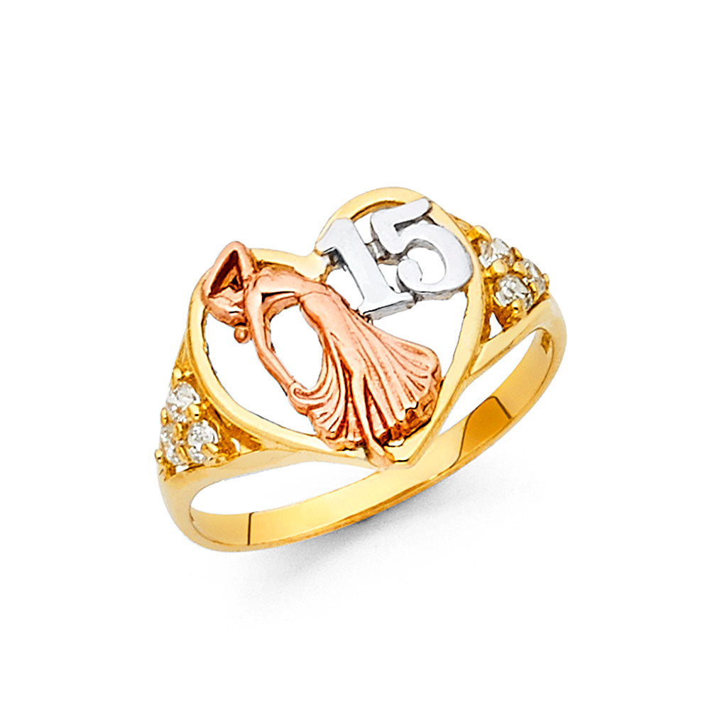 14K Yellow White Rose Gold CZ 15 Years Ring