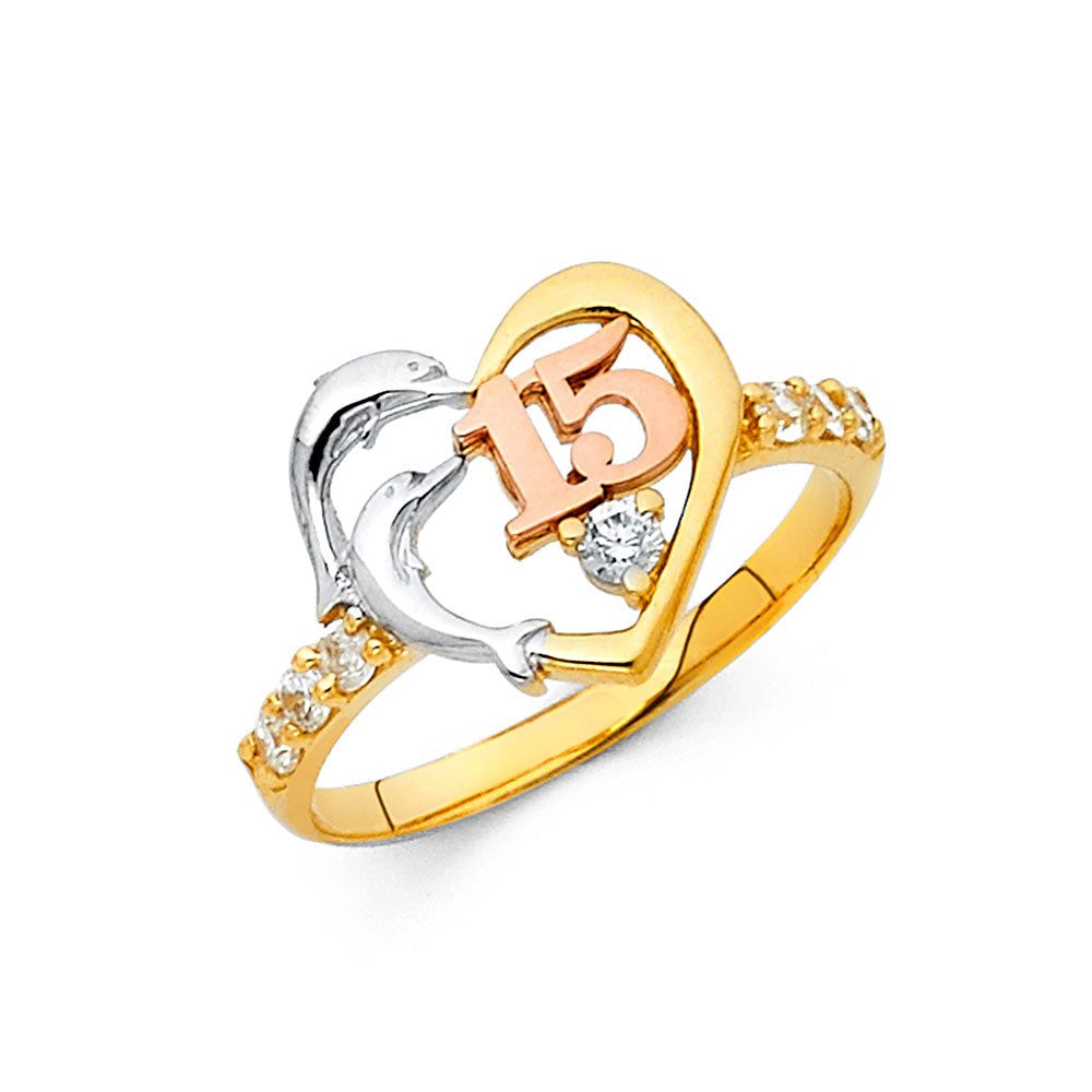 14K Yellow White Rose Gold CZ 15 Years Ring