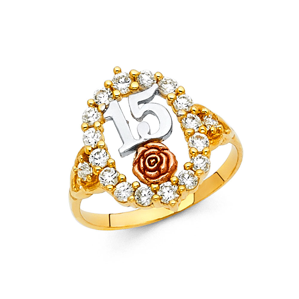 14K Yellow White Rose Gold CZ 15 Years Ring