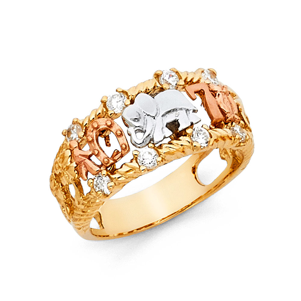 14K Yellow White Rose Gold CZ Lucky Ring