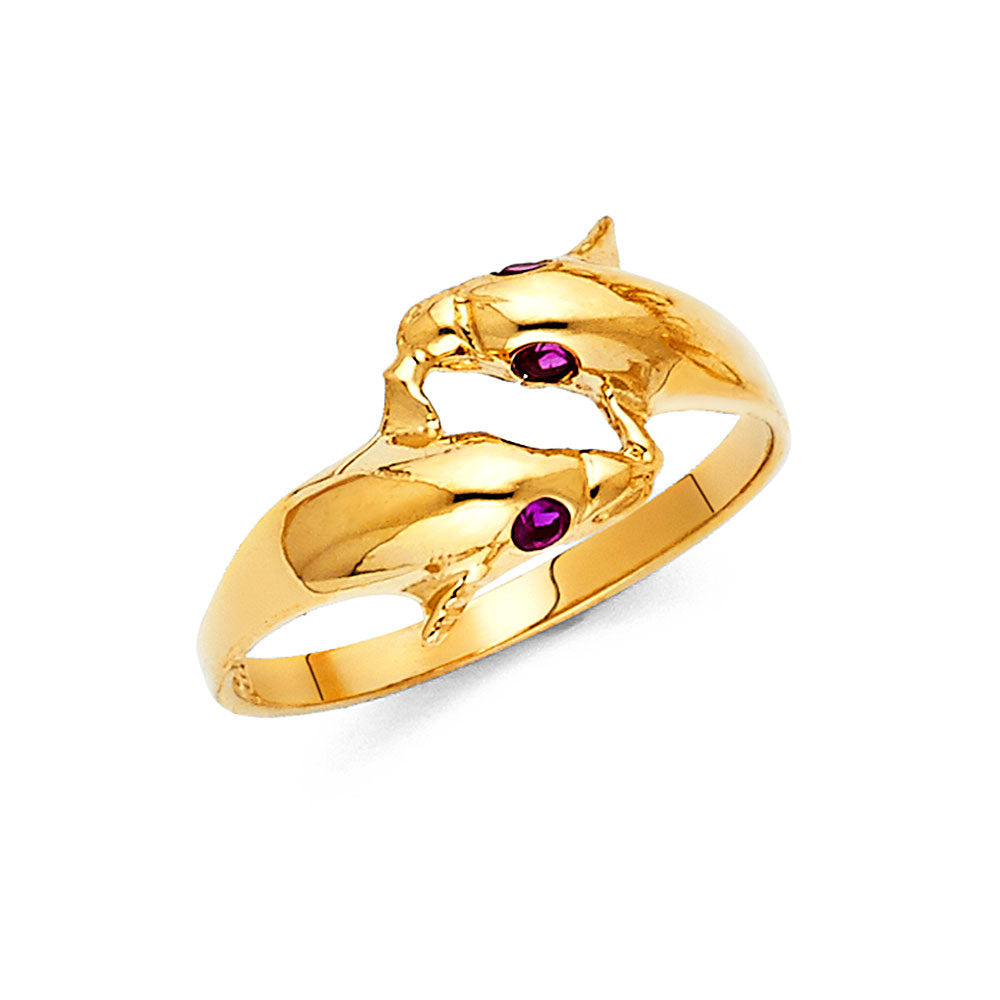 14K Yellow Gold CZ Fancy Dolphin Ring
