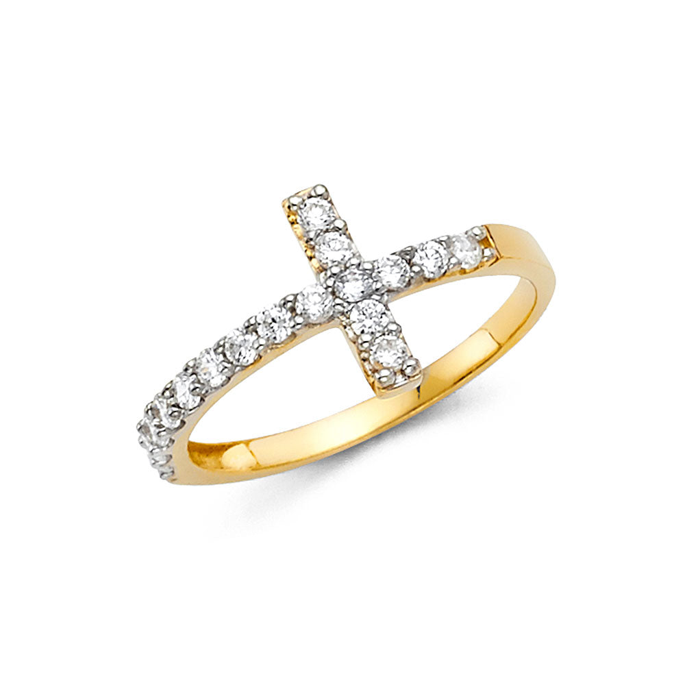 14K Two Tone Gold Side Way CZ Cross Ring