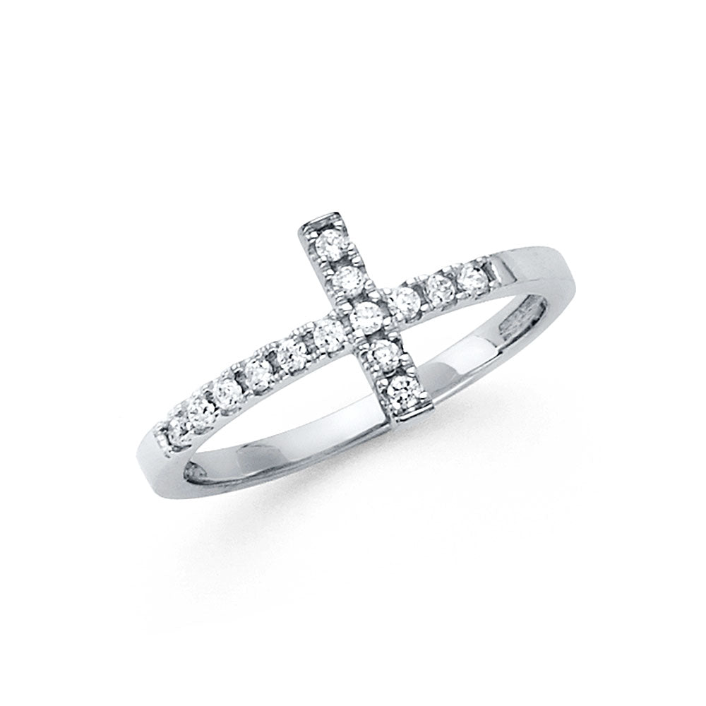 14K White Gold Side Way CZ Cross Ring