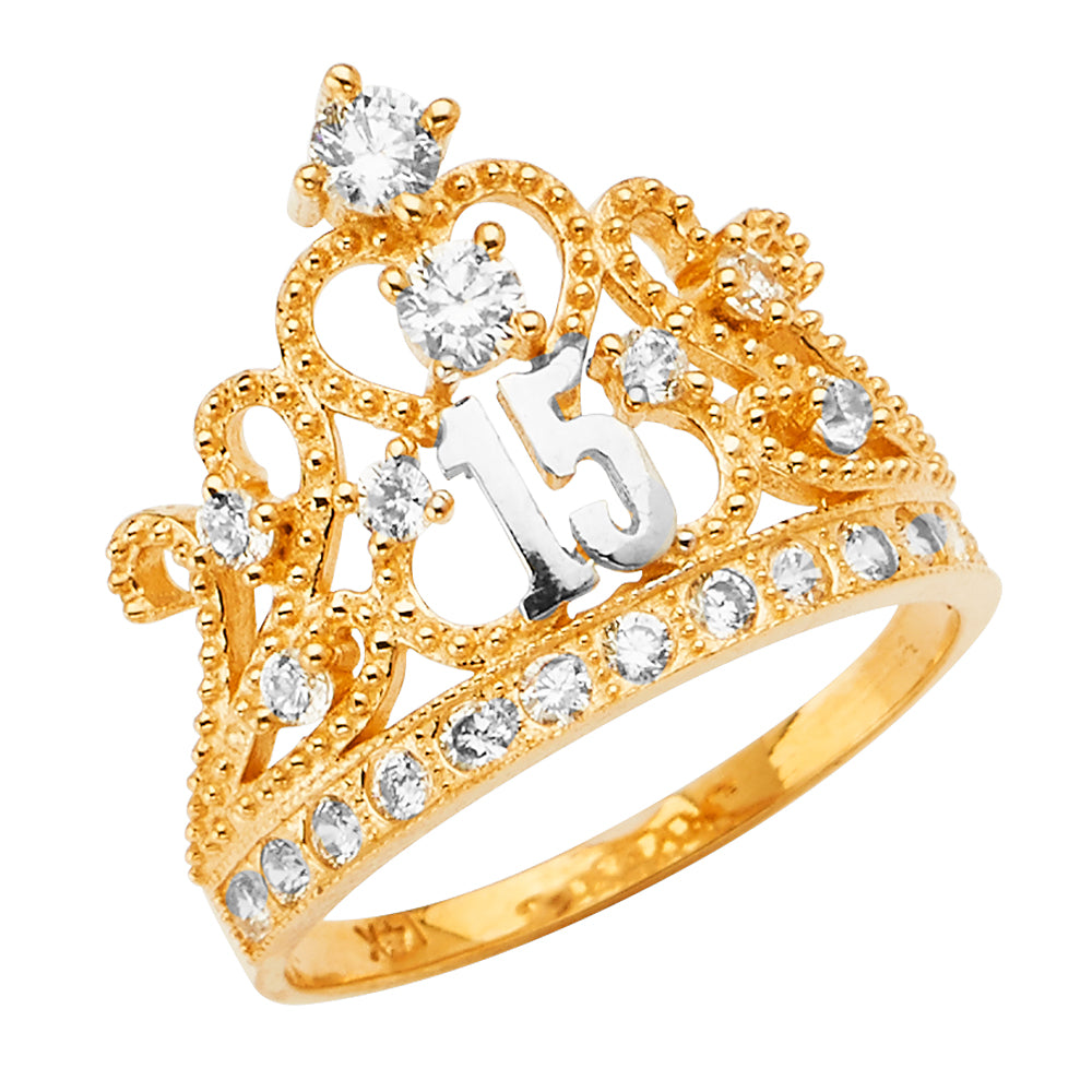 14K Yellow Gold CZ 15 Years Crown Ring