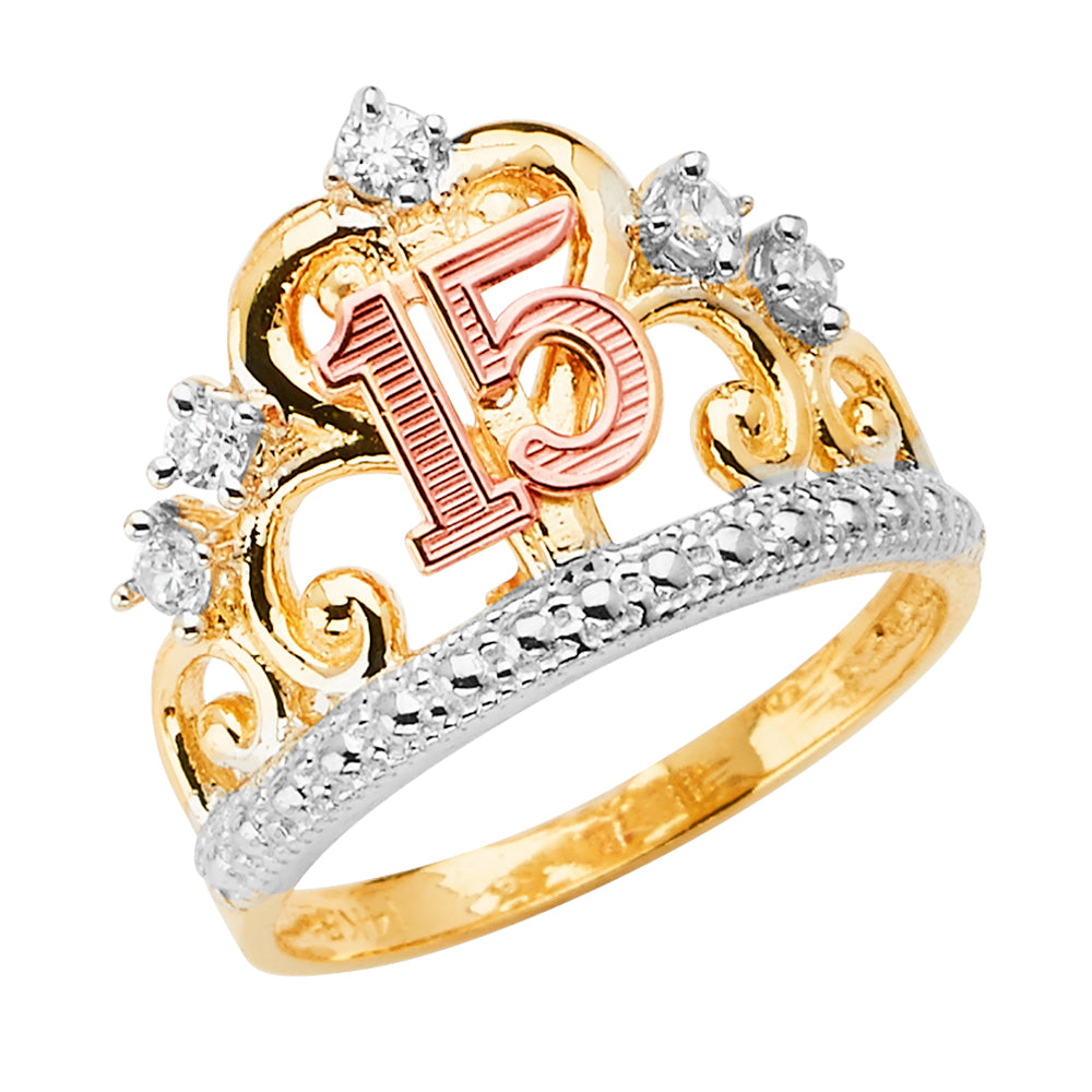 14K Yellow White Rose Gold 15 Years Crown CZ Ring