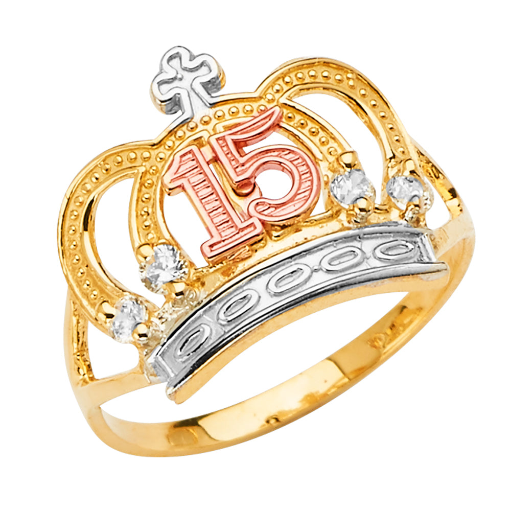 14K Yellow White Rose Gold 15 Years Crown CZ Ring