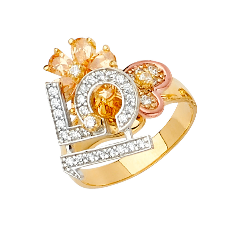 14K Yellow White Rose Goldolor CZ 15 Years Motion Ring / Half Set