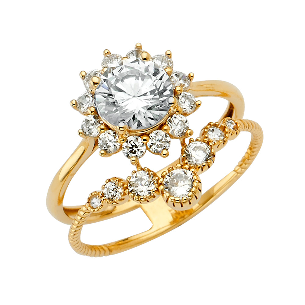 14K Yellow Gold Two Rowss CZ Engagement Ring