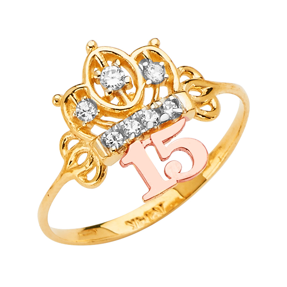 14K Yellow White Rose Gold 15 Years CZ Crown Ring