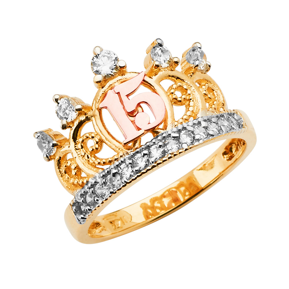 14K Yellow White Rose Gold 15 Years CZ Crown Ring