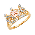 14K Yellow White Rose Gold 15 Years CZ Crown Ring
