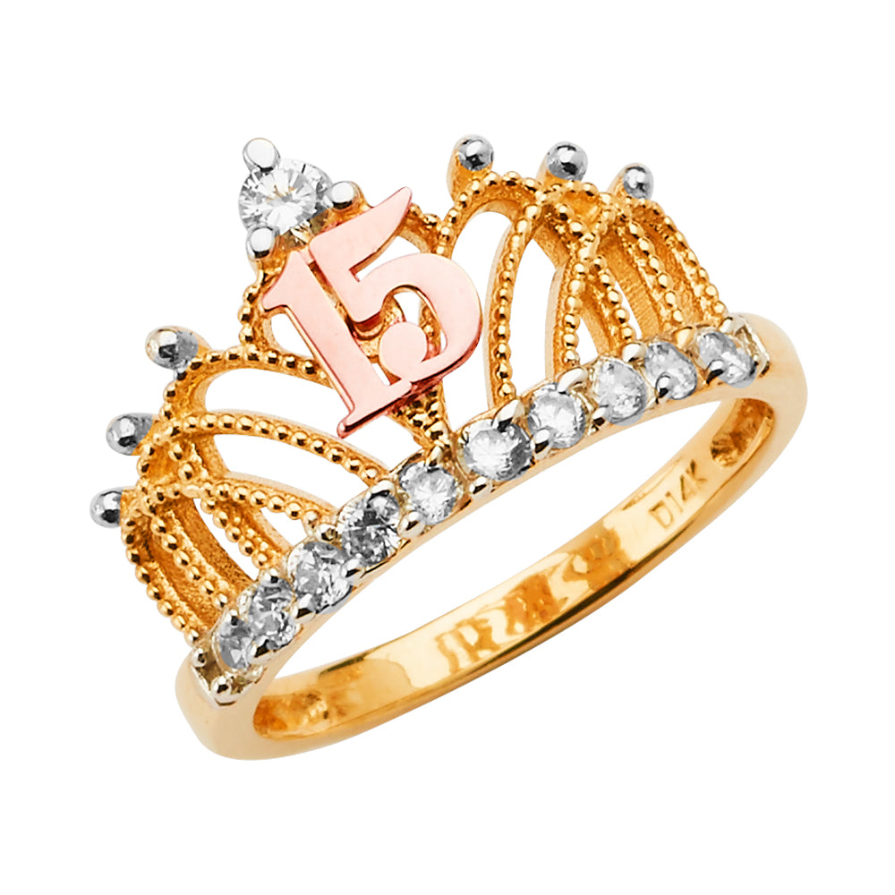 14K Yellow White Rose Gold 15 Years CZ Crown Ring