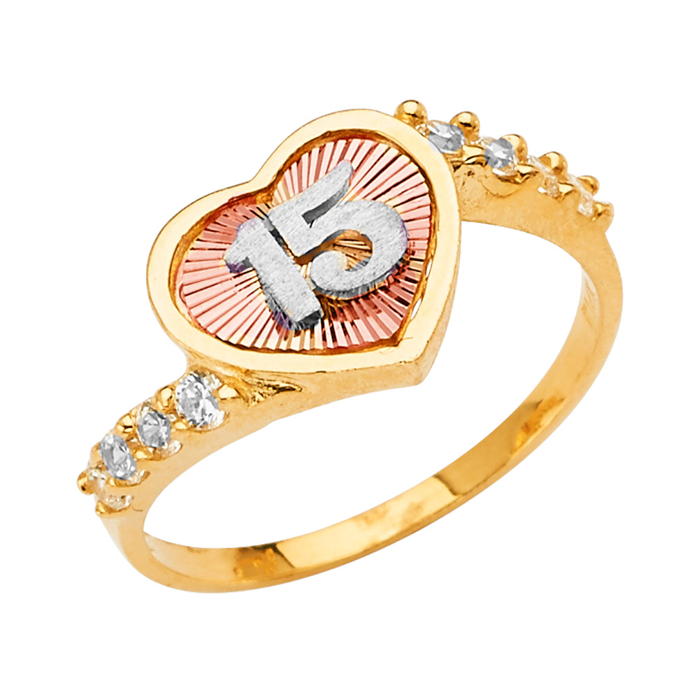 14K Yellow White Rose Gold 15 Years CZ Heart Ring