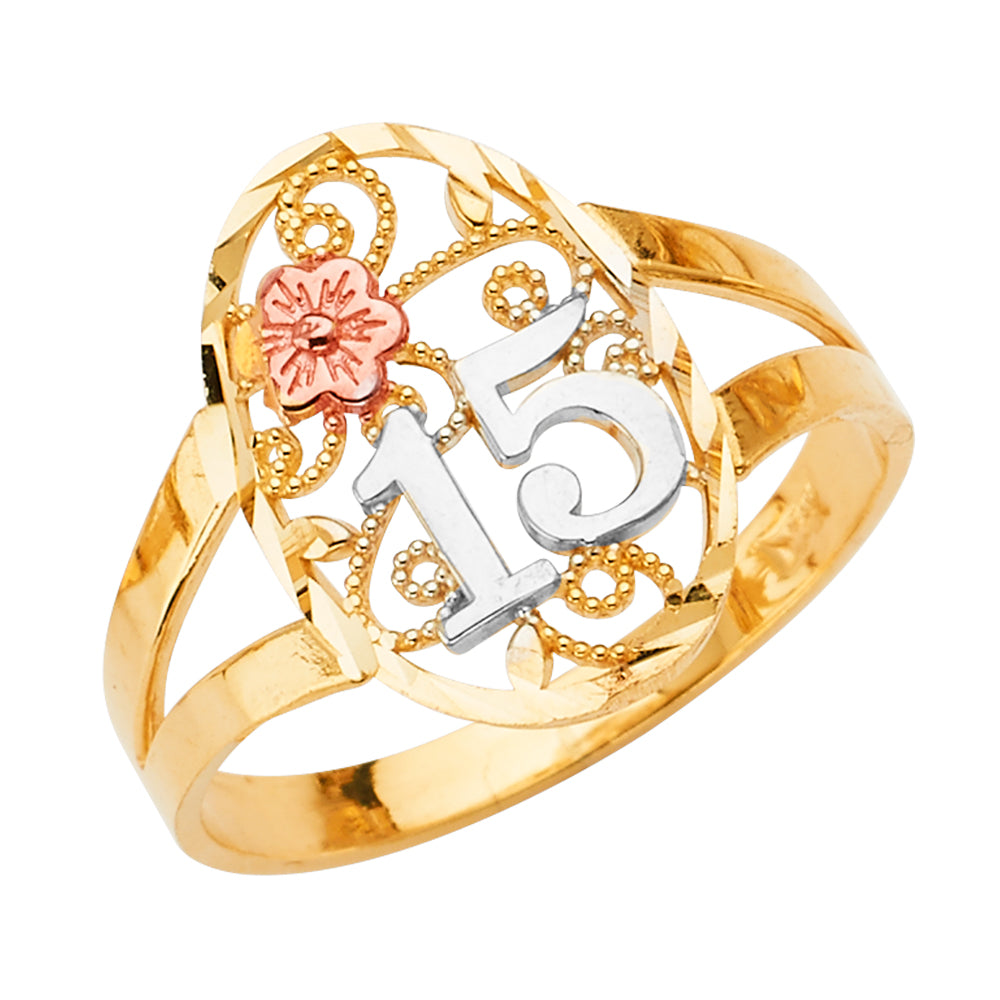 14K Yellow White Rose Gold 15 Years Ring