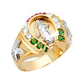 14K Yellow White Rose Gold Horse Shoe Men'S CZ Ring W/Guadalupe
