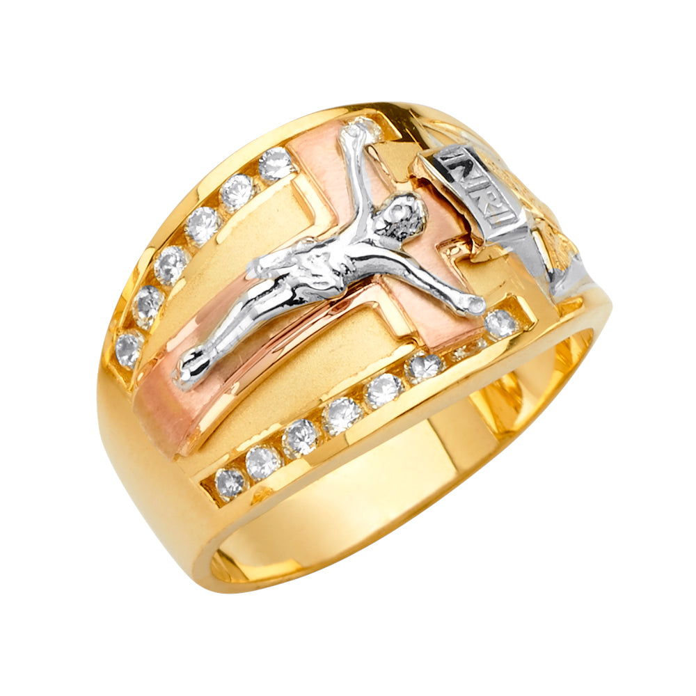 14K Yellow White Rose Gold Jesus Men'S CZ Ring