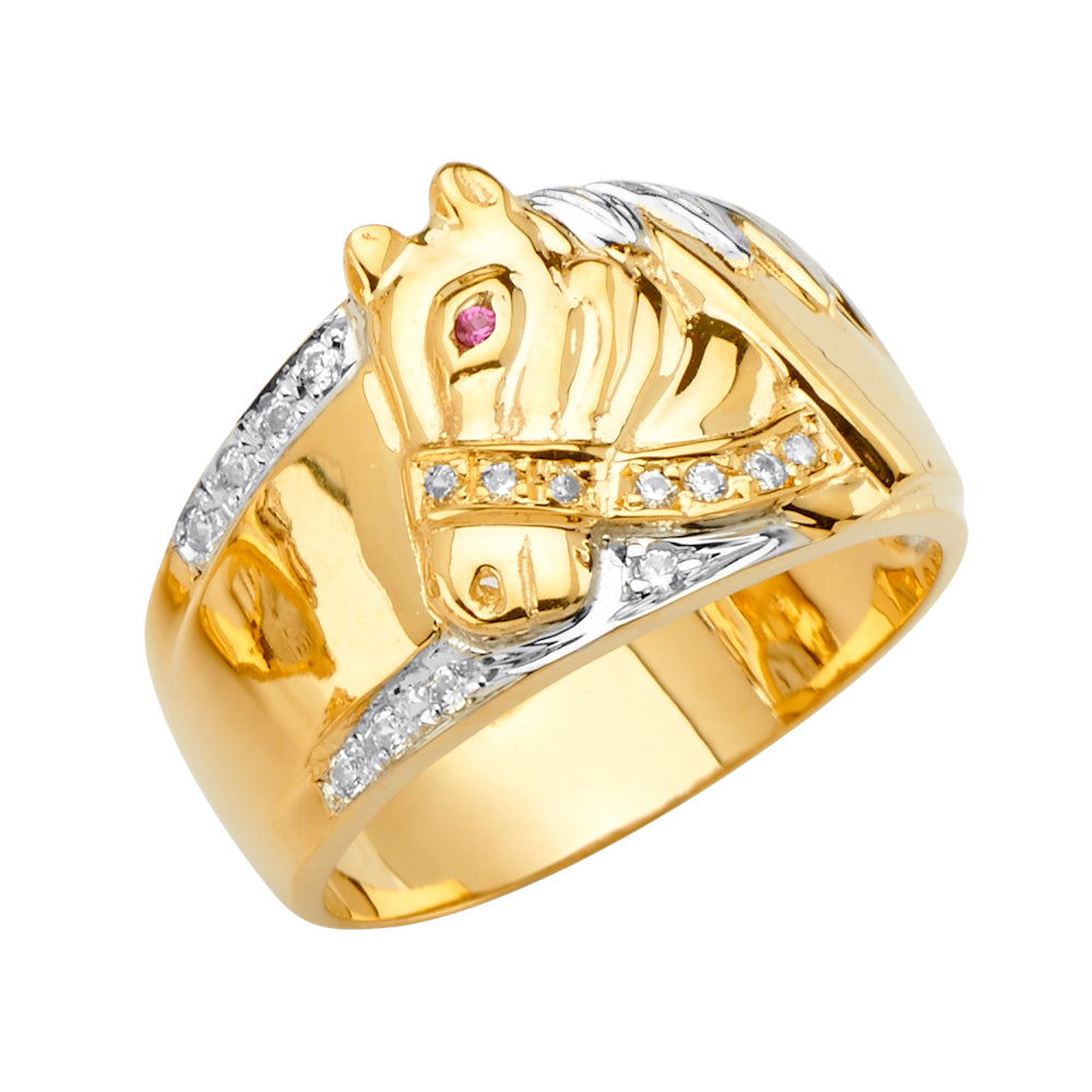 14K Yellow White Rose Gold Men'S CZ Ring W/Horse