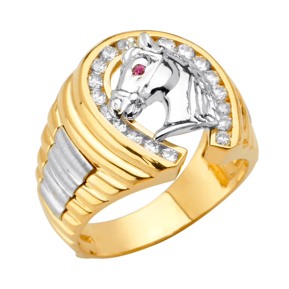 14K Two Tone Gold Horse Shoe Men'S CZ Ring