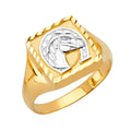 14K Two Tone Gold Square Men'S Ring W/Horse Shoe